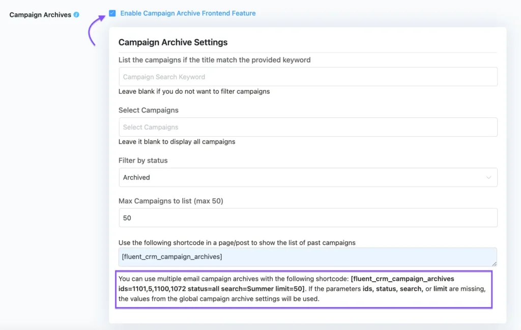 fluentcrm multiple campaign archive shortcode